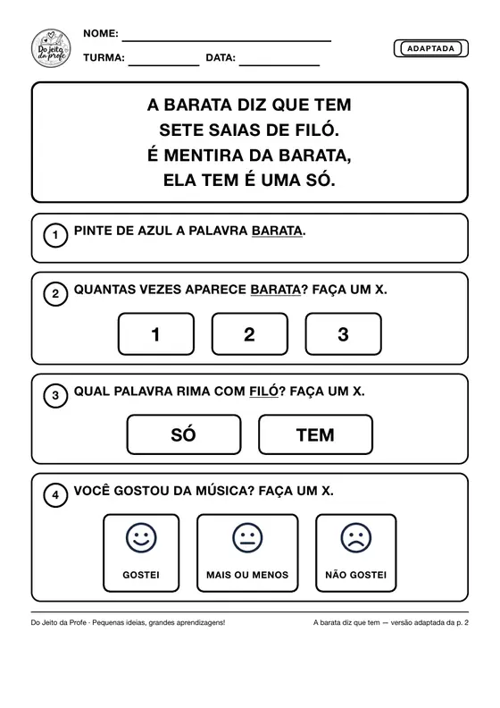 Versão adaptada da atividade, com letras grandes, poucas perguntas por página e ícones de resposta