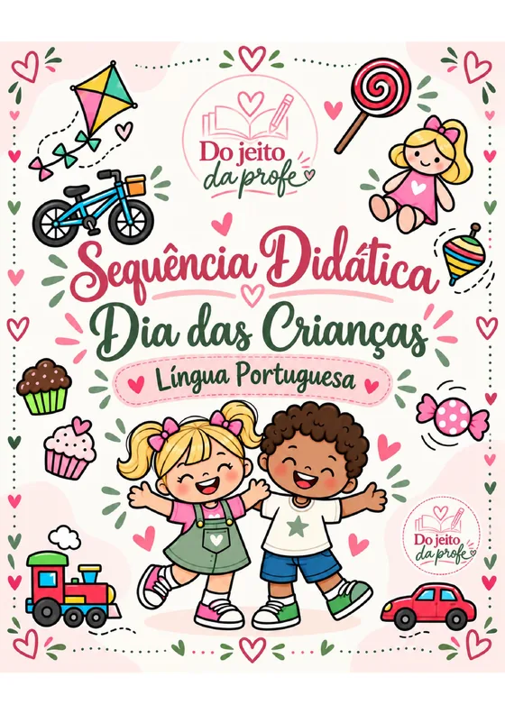 Capa da sequência didática de Língua Portuguesa do Dia das Crianças, colorida, com o selo Do Jeito da Profe